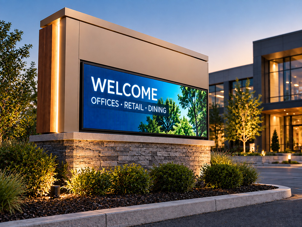 Commercial LED electronic sign with digital message display outside a modern business property