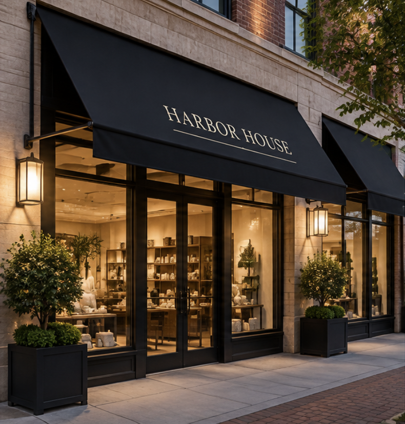 Custom black commercial awning over an upscale retail storefront