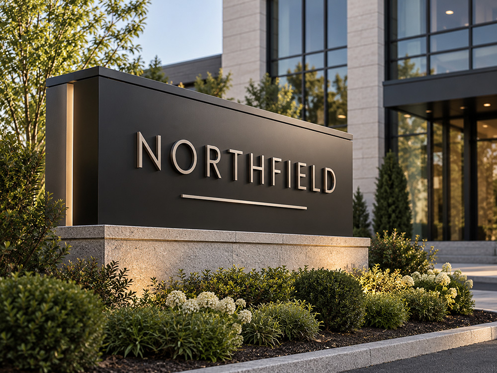 Custom monument sign with dimensional lettering at a modern commercial property