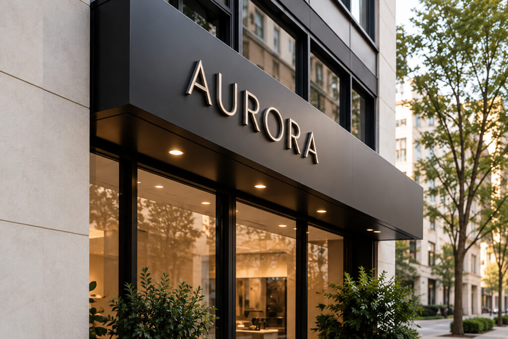Modern commercial storefront with custom dimensional letter signage and architectural canopy