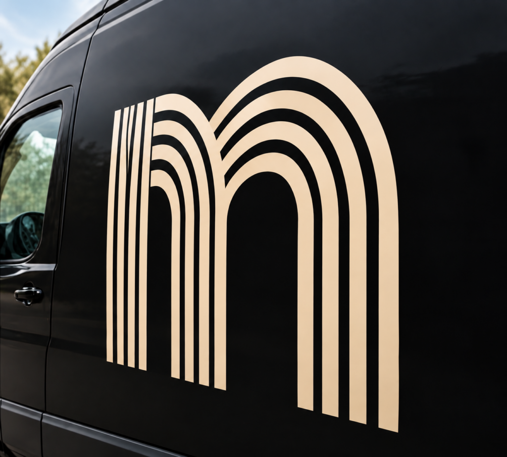 Custom branded commercial vehicle wrap on a black business van